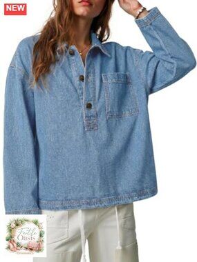Women's Denim Button Up Shirt Long Sleeve Casual Jean Top with Pockets